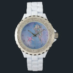 *~* Chique Waterverf Strand Zee Jelly Fish Star Fi Horloge<br><div class="desc">Star Fish Jelly Fish Gold Glitter Paarse Glitter Blue Glitter strandsymbolen op een strand als borrelende schuimige stijlvolle abstracte waterverf met wat magenta achtergrond versieren het gezicht van dit vrouwenhorloge. Het horloge heeft een witte emaille band en een gezicht omringd door kleine diamant - als strass steentjes. De stervis is...</div>
