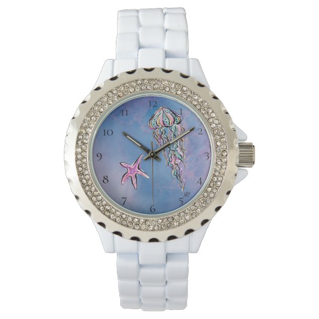 *~* Chique Waterverf Strand Zee Jelly Fish Star Fi Horloge (Voorkant)