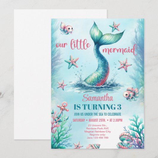 Chique waterverf turquoise zeemeermin staart verja kaart (Voorkant / Achterkant)