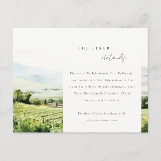 Chique Waterverf Wijngaard Landschap Trouwdetail Informatiekaartje (Voorkant)