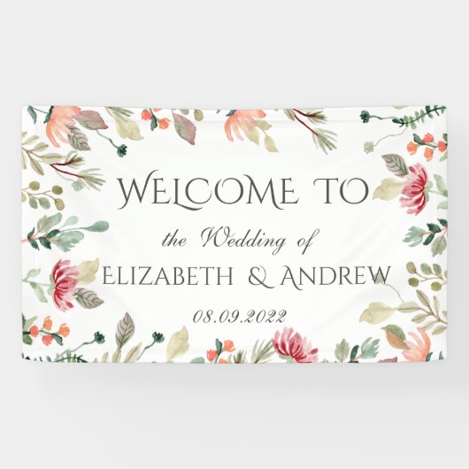 Chique Waterverf Wilde Bloemen Bruiloft Spandoek (Horizontaal)