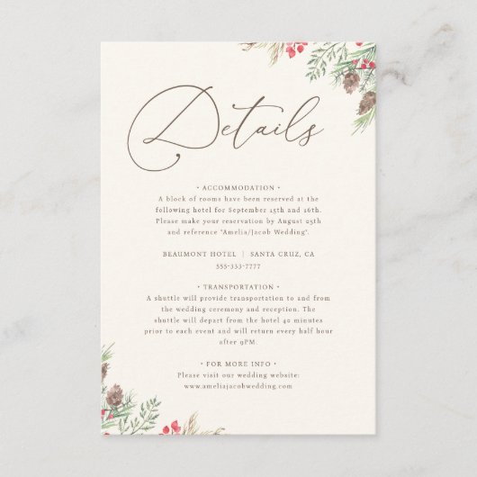 Chique Waterverf Wintergroen Bruiloft Details Informatiekaartje (Voorkant)