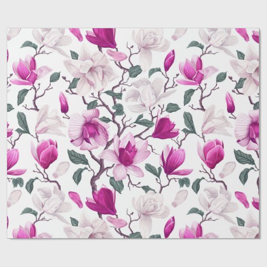 Chique Waterverf Wit Heet Roze Magnolia's Patroon Cadeaupapier (Vlak)
