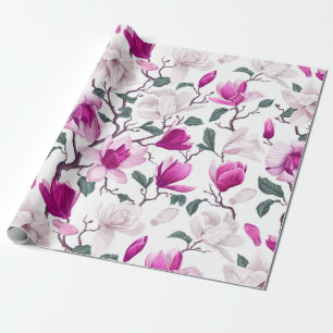 Chique Waterverf Wit Heet Roze Magnolia's Patroon Cadeaupapier