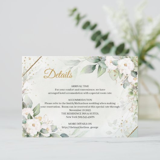 Chique waterverf witte bloempjes eucalyptus goud informatiekaartje (Staand voorkant)