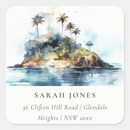 Chique Waterverf Zeegezicht Palm Tree Island Adres Vierkante Sticker (Voorkant)