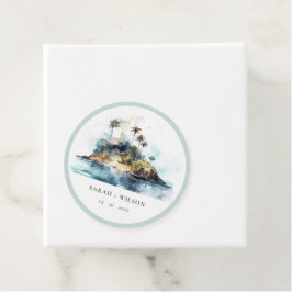 Chique Waterverf Zeelandschap Palmboom Eiland Brui Bedankjes Labels