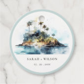 Chique Waterverf Zeelandschap Palmboom Eiland Brui Bedankjes Labels (Voorkant)