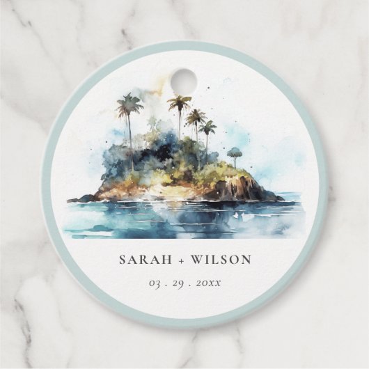Chique Waterverf Zeelandschap Palmboom Eiland Brui Bedankjes Labels (Voorkant)