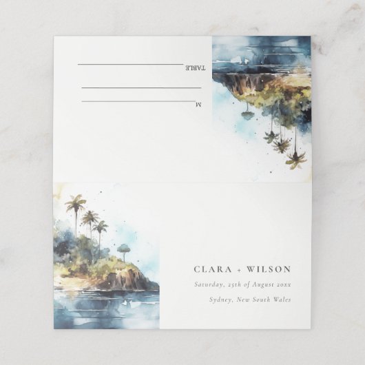 Chique Waterverf Zeelandschap Palmboom Eiland Brui Plaatskaartje (Buitenkant ongevouwen)