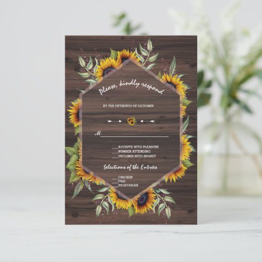 Chique Waterverf Zonnebloemen Oude Schuur Bruiloft RSVP Kaartje (Staand voorkant)