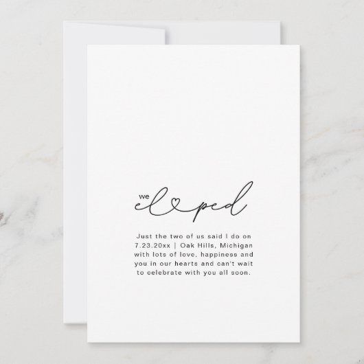 Chique We Eloped Script Hart Trouwfoto Kaart (Voorkant)