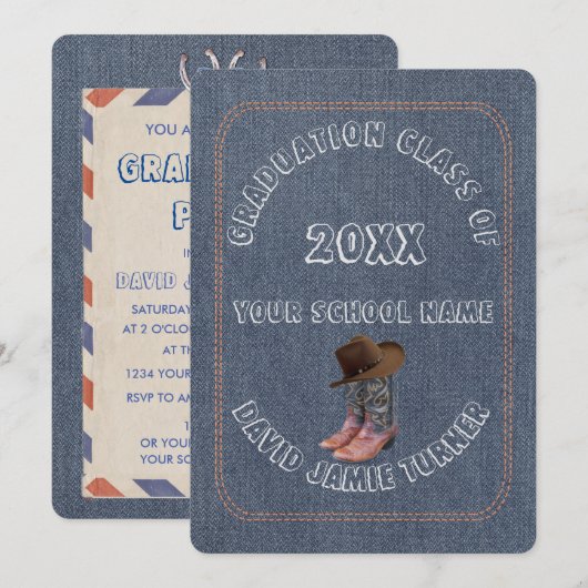 Chique westernlaarzen hoed denim eindexamen uitnod kaart (Voorkant / Achterkant)