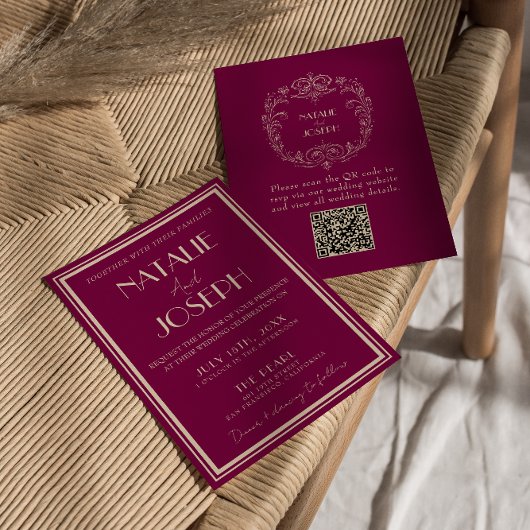 Chique Wijn Beige Oud Geld Luxe QR Code Trouwen Kaart