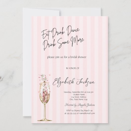 Chique wijn glas confetti roze gestreept  kaart (Voorkant)