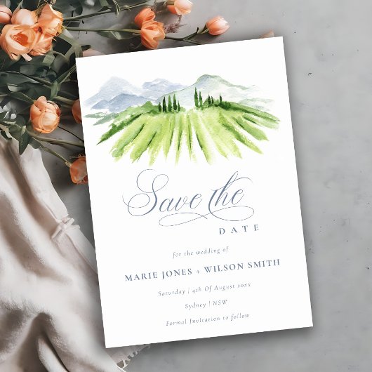 Chique wijngaard Berg Dusky Blauw Grijs Save The Date