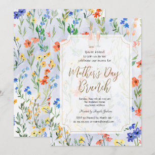 Chique Wilde Bloem Blauwe Wijn Moederdag Brunch Kaart