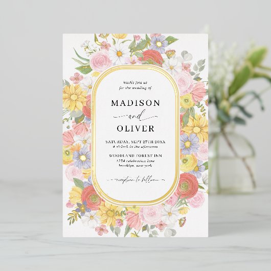 Chique wilde bloemen bloemengoud Waterverf bruilof Folie Uitnodiging (Staand Voorkant)