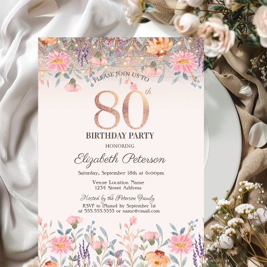 Chique Wilde Bloemen Glitter Slingerlichten 80ste  Kaart