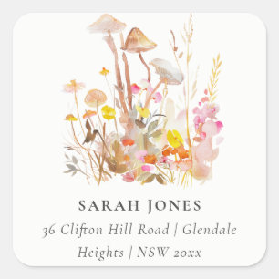 Chique Wildflower Mushroom Herfst Botanische Adres Vierkante Sticker