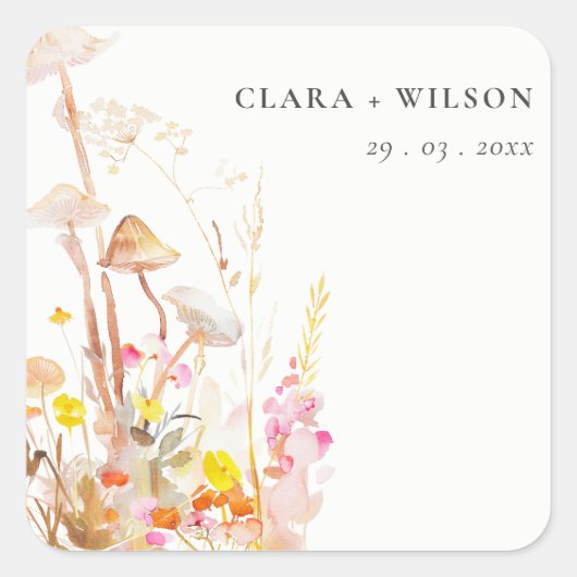 Chique Wildflower Mushroom Herfst Botanische bruil Vierkante Sticker (Voorkant)