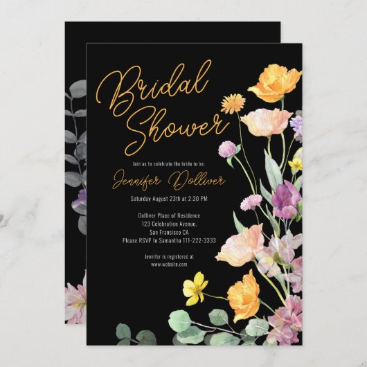 Chique Wildflower Script Bruids Douche Uitnodiging (Voorkant / Achterkant)