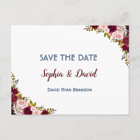 Chique Winter Bourgondië Marsala Bloemen SAVE THE  Aankondigingskaart (Voorkant)