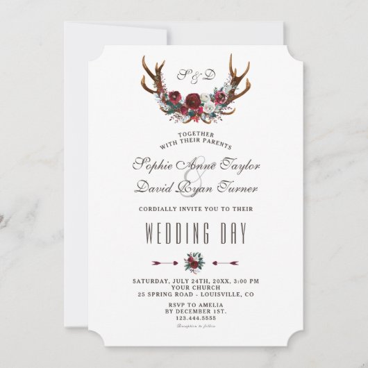 Chique Winter Burgundy Bloem Takken Goud Bruiloft Kaart (Voorkant)