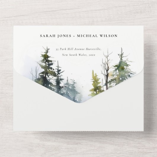 Chique winter dennenbomen Sneeuw Landschap Bruilof All In One Uitnodiging (Achterkant)