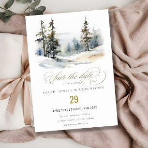 Chique winter dennenbomen sneeuw landschap bruilof save the date