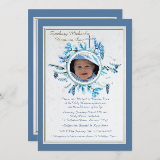 Chique winter religieuze foto uitnodiging blauw (Voorkant / Achterkant)