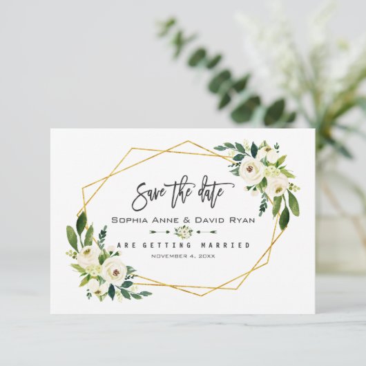 Chique wit bloemengoud Lijst foto Save the Date (Staand voorkant)