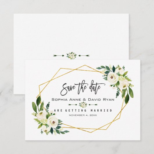 Chique wit bloemengoud Lijst foto Save the Date (Voorkant / Achterkant)