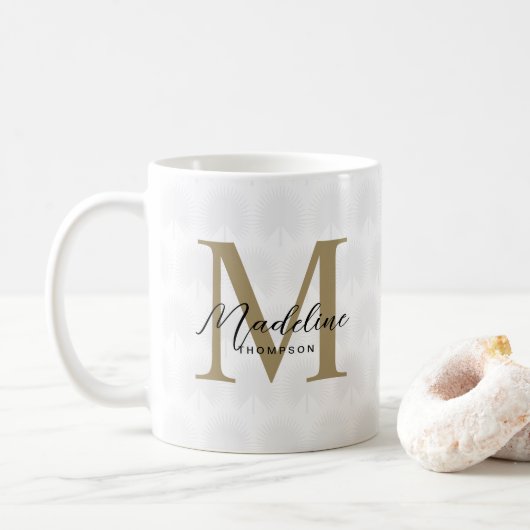 Chique wit goud anahaw blad script monogram koffiemok (Met donut)