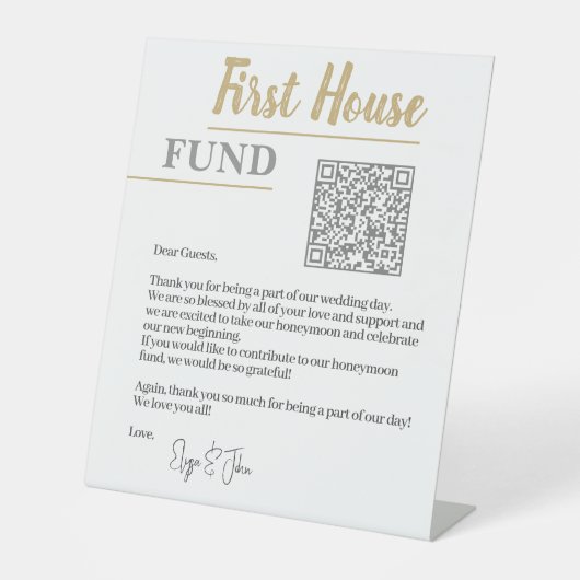 Chique Wit & Goud Elegant QR Code Eerste Huis Fond Reclamebord Met Voetstuk (Voorkant)