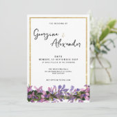 Chique wit goud paarse roze groene bloemenbruiloft kaart (Staand voorkant)