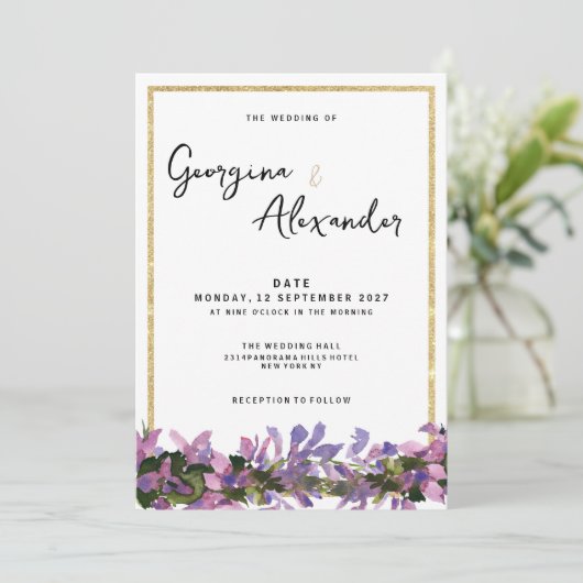 Chique wit goud paarse roze groene bloemenbruiloft kaart (Staand voorkant)