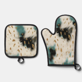 Chique wit goud turquoise zwart Koeienhuid Ovenwant & Pannenlap Set