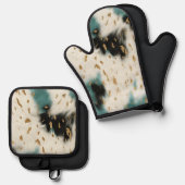 Chique wit goud turquoise zwart Koeienhuid Ovenwant & Pannenlap Set (Voorkant / Achterkant)