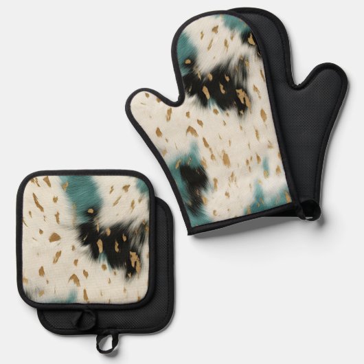 Chique wit goud turquoise zwart Koeienhuid Ovenwant & Pannenlap Set (Voorkant / Achterkant)