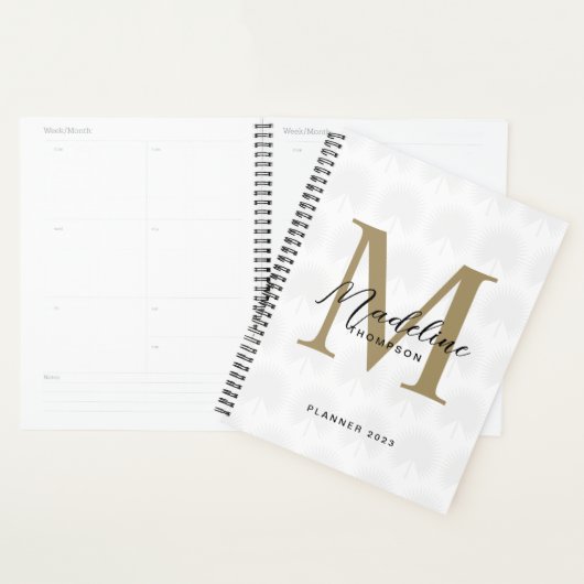 Chique wit ivoor goud anahaw blad script monogram planner (Display)