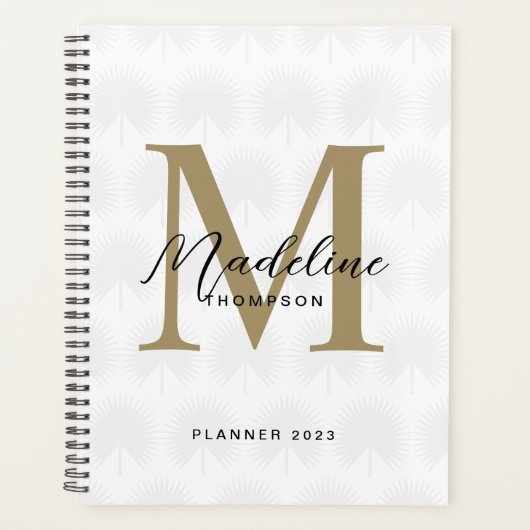 Chique wit ivoor goud anahaw blad script monogram planner (Voorkant)