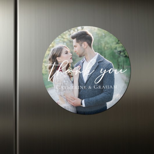 Chique wit script bruiloft foto dank u magneet