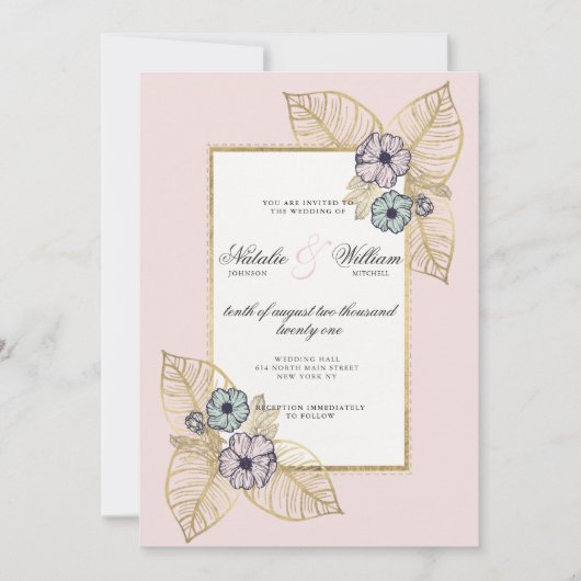 Chique wit tropisch goud roze munt bloemenbruiloft kaart (Voorkant)