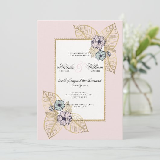 Chique wit tropisch goud roze munt bloemenbruiloft kaart (Staand voorkant)