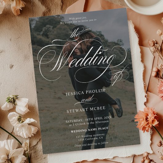 Chique wit zwart 2 foto's kalligrafie bruiloft kaart