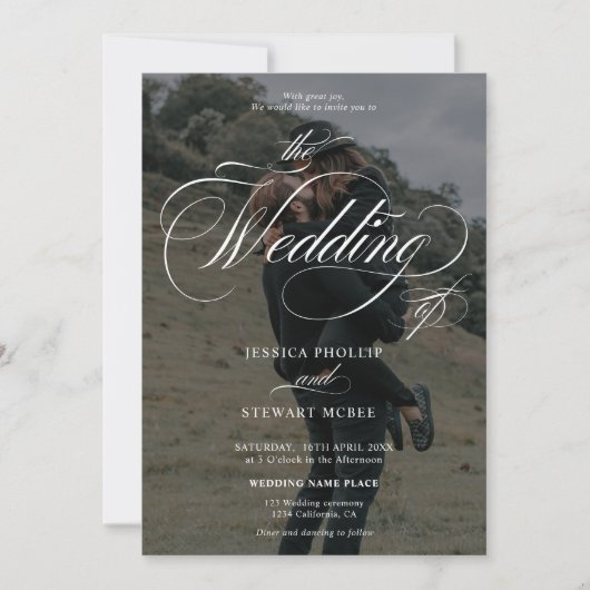 Chique wit zwart 2 foto's kalligrafie bruiloft kaart (Voorkant)