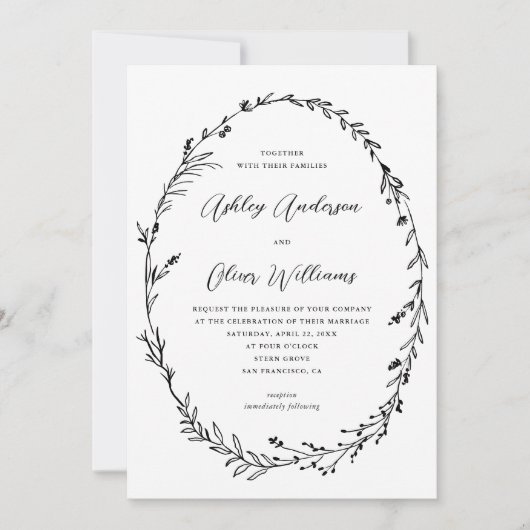 Chique wit zwart rustieke wilde bloem krans bruilo kaart (Voorkant)