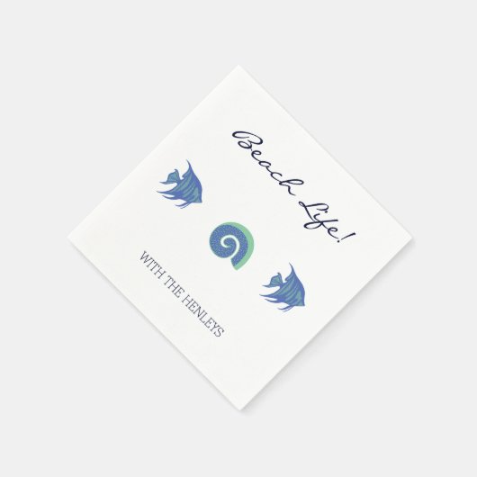 Chique witte blauwe vis en schelpen familie strand servet (Hoek)