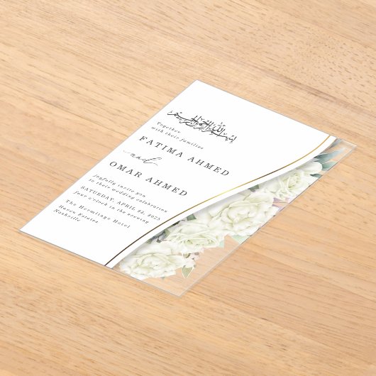 Chique witte bloemen bladeren islamitische moslim acryl uitnodigingen (Laagn)